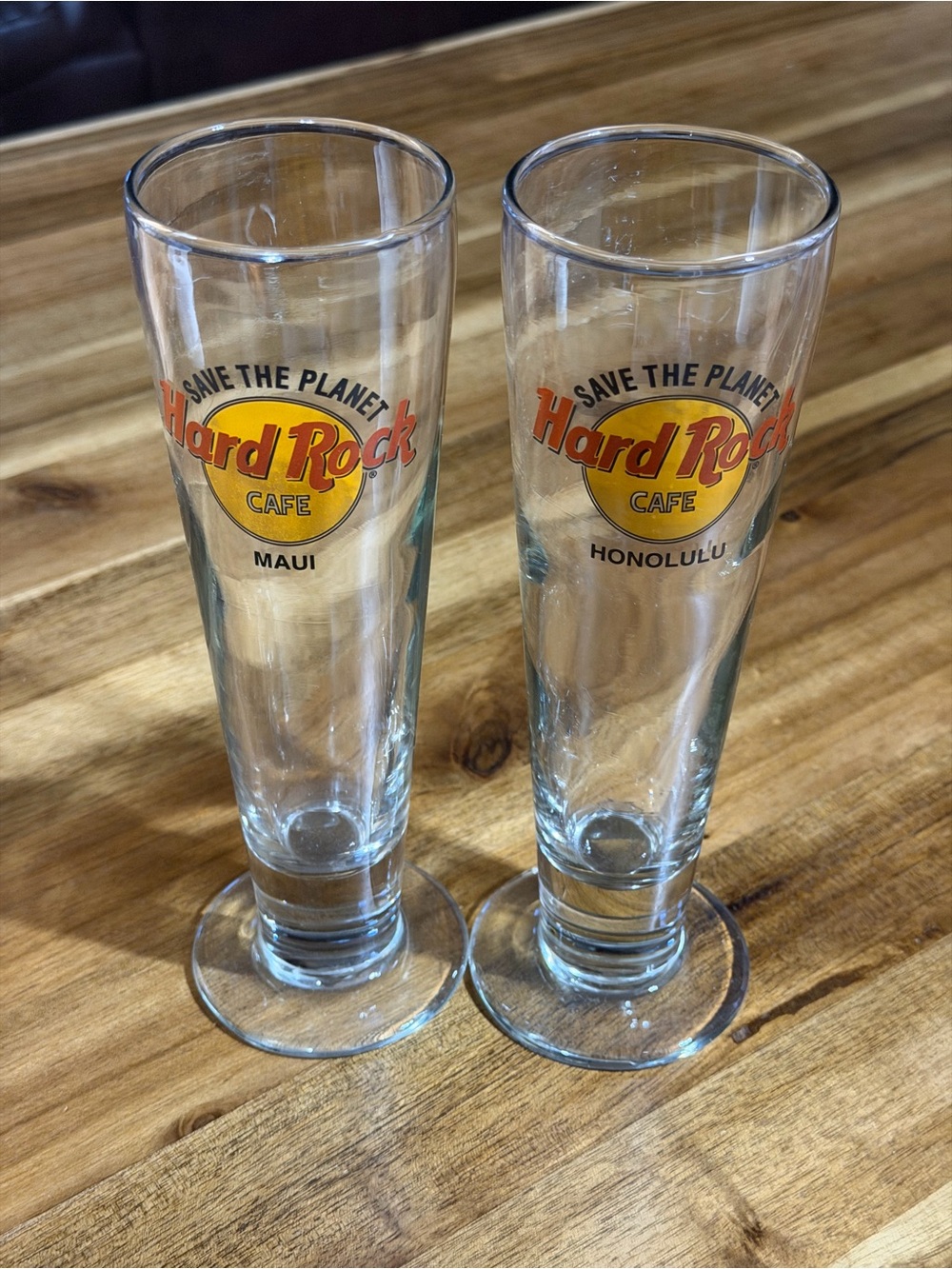 Hard Rock Cafe 9.5" Tall Footed Pilsner Beer Glass ~ Honolulu ~ Save the Planet